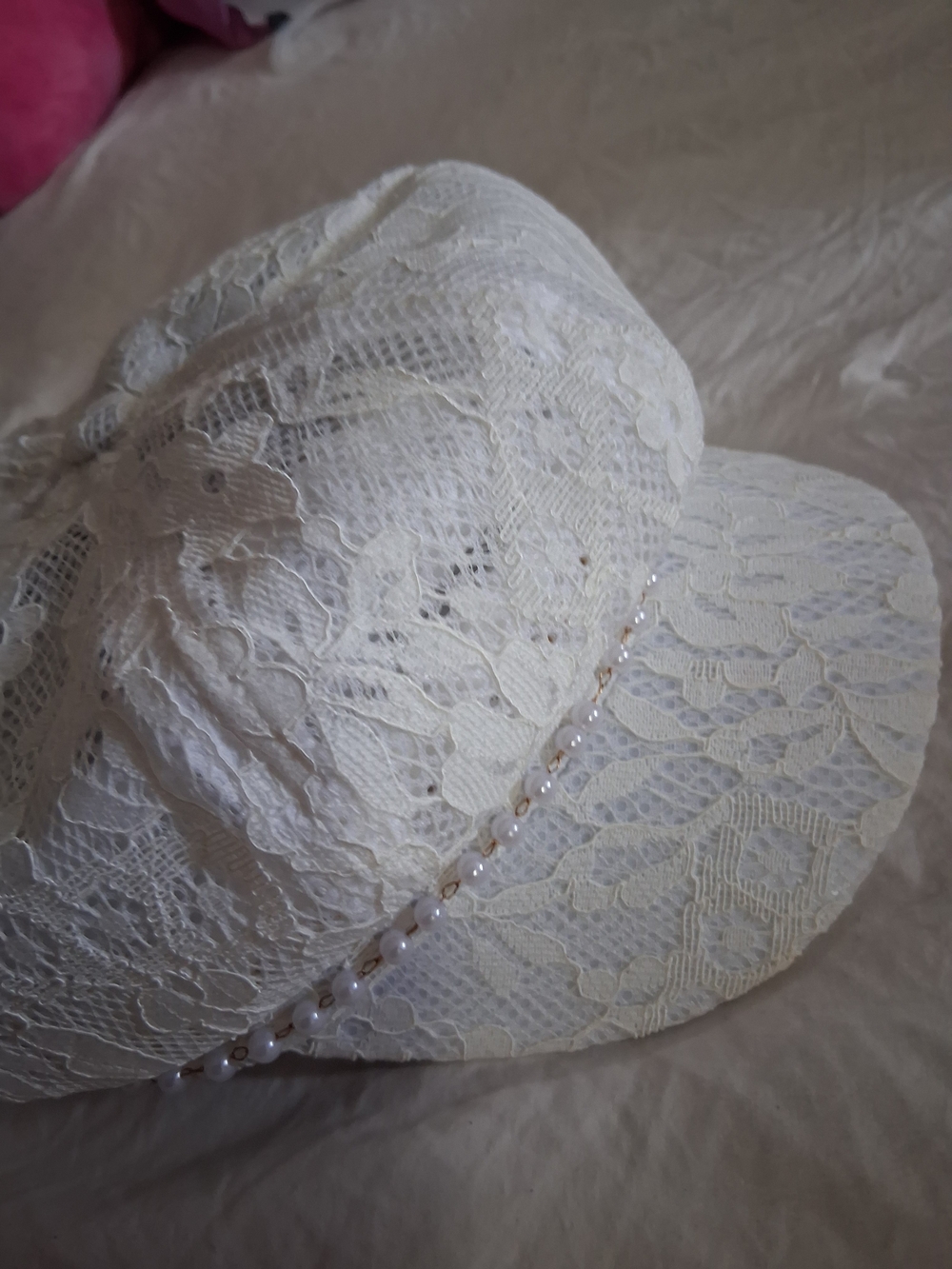 Elegant White Lace Gatsby Hat with Pearl Trim